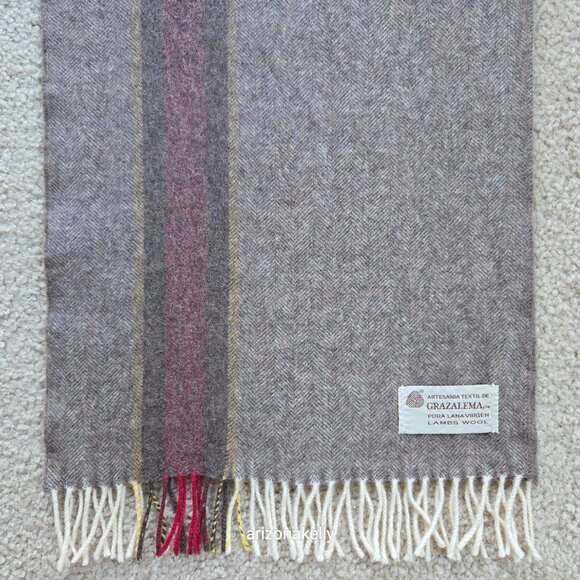 NWOT Wool Herringbone Scarf Brown with Burgundy & Yellow Stripe - Picture 3 of 11